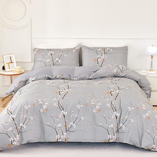 Jemiipee Set Copripiumino Floreale Letto Singolo Motivo a Fiori e Rami, 1 x Copripiumino 135x200 cm e 1 x Federa 50x75 cm Completo Sacco Parure Letto Moderno Microfibra Grigio