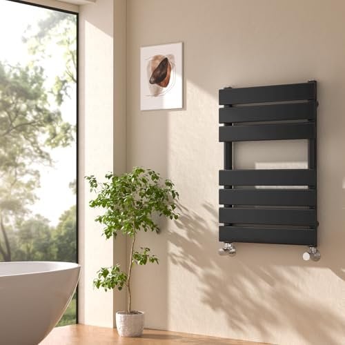 EMKE Towel Radiator Black, Heated Towel Rail for Bathrooms, Modern Flat Panel Versatile Wall/Floor Mounted Bathroom Radiators 650 x 450 mm