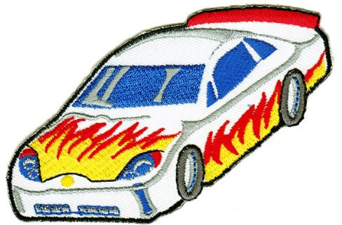 Rennauto Weiß Aufnäher zum aufbügeln oder aufnähen Bügelbild Aufbügler für Kleidung gestickter Bügelflicken Applikation Sportwagen Auto Rennwagen Flammen Patch Größe 10 x 5,5 cm