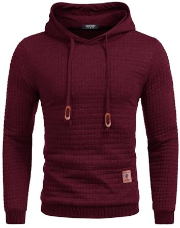 COOFANDY Herren Hoodie Sweatshirt Casual Gym Langarm Pulli Jacquard Pullover Hoodies WeinRot L