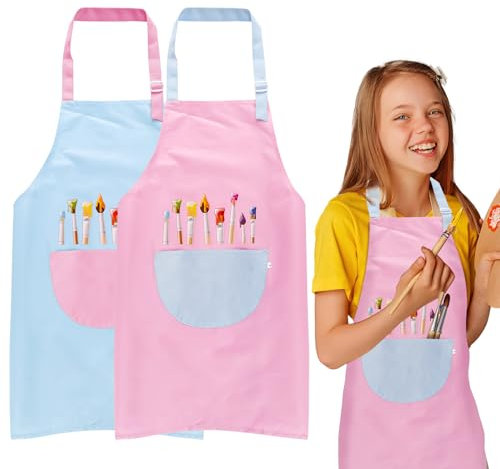 2pcs Malkittel Kinder Mädchen Jungen, 60*45cm Malschürze Kinder Schule Ab 6 Jahre, Wasserdicht Malkittel, Verstellbare Malschürze mit Taschen, Bastelschürze für Basteln Malen Backen -Rosa, Blau