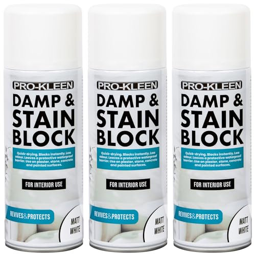 Pro-Kleen Damp & Stain Block Spray Paint Primer White Matt 3 x 500ml - Covers Damp, Mould, Grease, Nicotine & Rust Stains - for Walls & Ceilings - Leaves a Waterproof Barrier