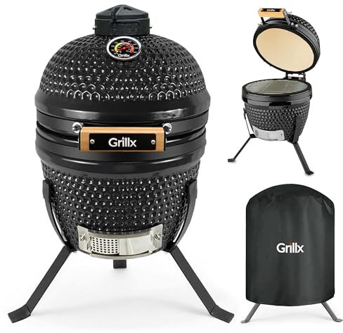 GrillX Kamado BBQ - Barbecue a carbonella, 13 pollici, con coperchio, colore nero, diametro 27 cm