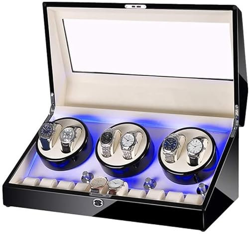 Automatic Watch Winder Box for 6 Clocks + 10 Storage Spaces Wood Shell Piano Varnish Finish Built-in Lighting Silent Engine