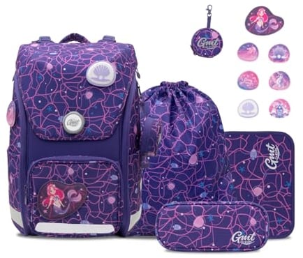 GMT for Kids Schulrucksack Set 6-teilig Ergonomische Schultasche Jungen Mädchen Schulranzen für 1-4. Klasse Wasserdicht Daypack Grundschule Mermaid Princess Schultaschen Rucksack 23 L