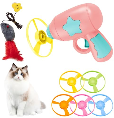 USYSGT Cat Fetch Toy, Haustier Spielzeug Fliegender Propeller Disc Katzenspielzeug Chasing Untertasse mit 1 Launchers und 5 Zufällige Farbe Propellers Interactive Spielzeug für Katzen
