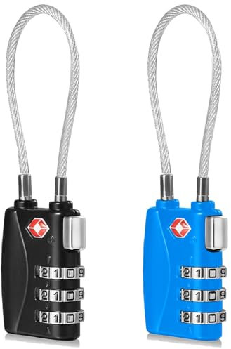 CFMOUR TSA Locks Lot de 2 cadenas de sécurité à combinaison de câble de voyage à 3 chiffres pour valise, valise, sac, sac - Noir et bleu