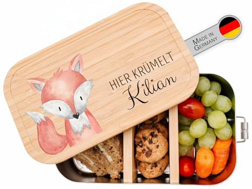 wunderwunsch Brotdose personalisiert mit Namen, Edelstahl Lunchbox | Kindergarten Brotzeitbox für Kinder mit Fächern, Metallbrotdose BPA frei, gravierte Kinder Holz Lunch-Box, Mädchen oder Junge
