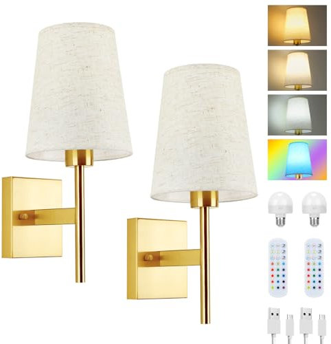 Lightsjoy Battery Operated Wall Lights Rechargeable Wall Sconces Set of 2 RGB Color Temperatures Dimmable Wireless Wall Lamp Battery Powered Remote Control Cordless Wall Lights for Bedrooms, Gold