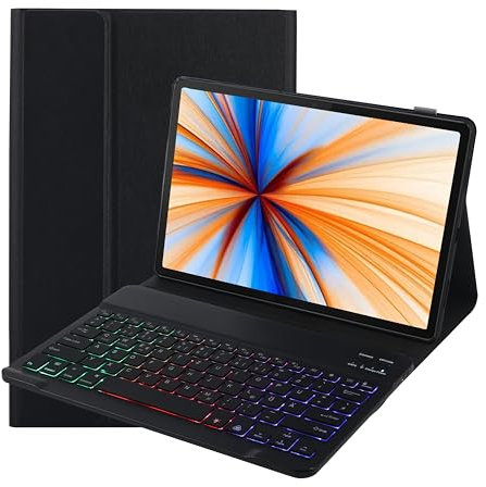 SUEEWE Tastatur Hülle für Xiaomi Pad 6s Pro 12.4, TPU Rückseite Hülle mit 3 Bereich 7 Farbe Beleuchtete Abnehmbarer QWERTZ Tastatur, Schwarz