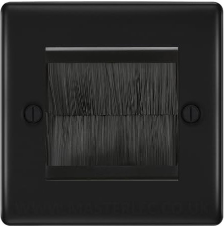 BG Matt Black Single 2 Gang Brush Cable Entry Wall Plate Black Insert Square