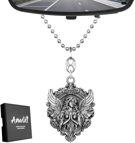 Anwlki Schutzengel Autospiegel Auto Innenspiegel Anhänger Guardian Angel Glücksbringer Engel Medaillenanhänger Schutzpatron (Altes Silber)