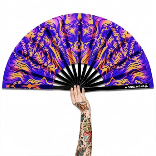 WONKIWEAR UV Reactive Folding Fan – Large Festival Hand Fan with Black Bamboo Frame & Carry Pouch – Glow Under UV Light – Folding Clack Fan for Raves, Festivals, Pride & Concerts (UV Sunset Session)