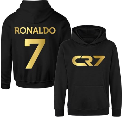 Ronaldo CR#7 Kinder-Kapuzenpullover Jugend-Fußball-Jumper Inspiriert von Ronaldo Trikot Kinder-Fußball-Kapuzenpullover, Schwarz , 9 Jahre