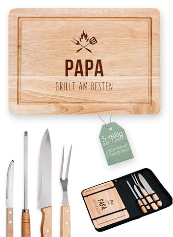 Abenteuernah Grillset mit Messer im Messerset, Grillen Geschenk, Grill Accessories, Grillbrett, Geschenke für Männer, Schneidebrett als Geschenk zu Vatertag und BBQ Season (Papa)