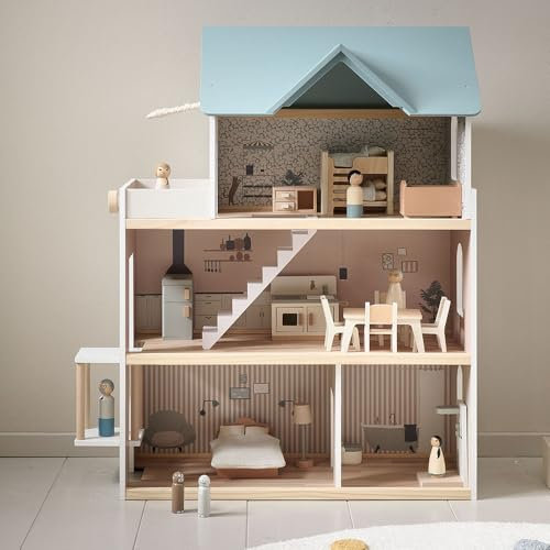 Puppenhaus Holz Ink. 14 teiligem Möbelset - Zeitloses Puppenhaus ab 3 Jahre Mädchen - Schönen Illustrationen auf Jede Etage - Stimuliert die Fantasie Ihres Kindes - Weiss & Pastell Blau