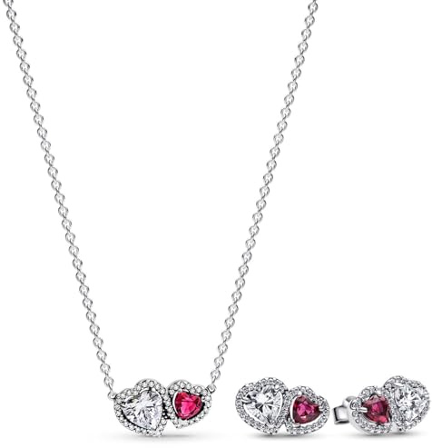 PANDORA Damen-Schmuckset Halskette und Ohrringe Halo Herzen Zweifarbig | Geschenk-Set mit Kette und passenden Ohrsteckern für Frauen 925 Silber Herz-Schmuck