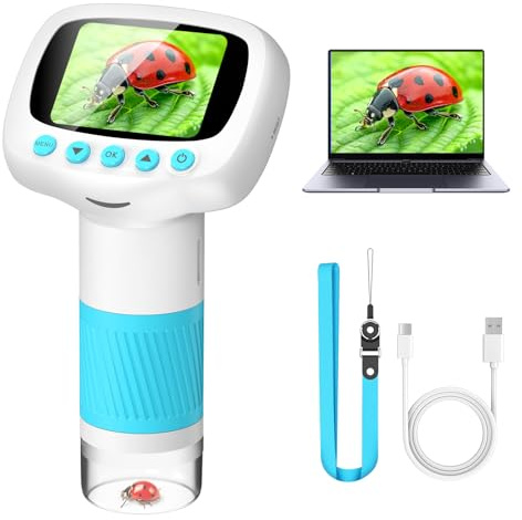 Leipan Tragbares Kinder Mikroskop, 1000x Digitales Mikroskop für Kinder, 2 Zoll IPS Bildschirm USB Microscope, Foto- und Videoaufnahme, Lupe Spielzeug ab 3 Jahre (Blau)