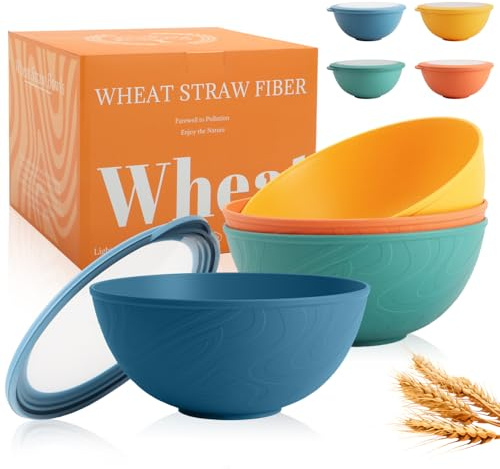 Perlapoc 40 OZ Unbreakable Wheat Straw Bowls Set with Lids, Soup Bowls for Kitchen with Unique Pattern, Microwave & Dishwasher Safe Bowl Set for Salad, Cereal, Snack, Ramen, Set of 4, Multi