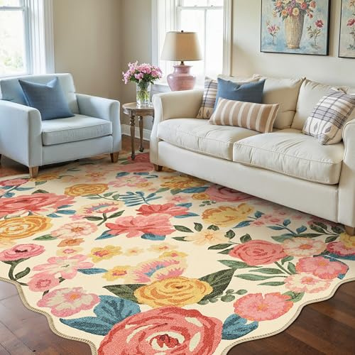 HUGEAR Teppich Wohnzimmer 140x200cm Beige Waschbarer Carpet Rug | Blumen Blumenmuster Teppiche,Waschbar Rutschfest,Weich Kurzflorig,Boho Neutral Modern,für Schlafzimmer,Esszimmer,Büro