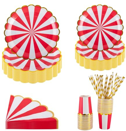 PHUNAT Party Plates Cups and Napkins Set, Includes 7 inch/18cm & 9 inch/23cm Red and White Paper Plates, Serving for 25 Guests, Perfect for Parties Events and Celebrations