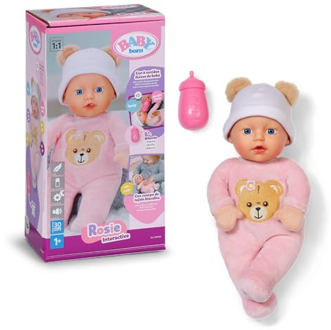 BABY Born Interactive Rosie 30 cm Babypuppe mit 6 Soundfunktionen | Weicher Stoffkörper, Fläschchen inklusive, 6 Soundfunktionen, ab 1 Jahr
