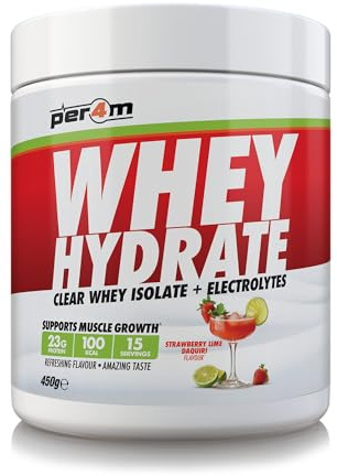 Per4m Whey Hydrate | 23g Whey Isolate & Aquamin Electrolytes | Muslce Growth & Hydration | Clear, Refreshing & Low in Sugar | 15 Serving (450g, Strawberry Lime Daquiri)