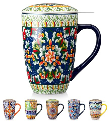 vancasso Ceramic Tea Cup with Stainless Steel Infuser & Lid, 530ml Large Tea Mug for Loose Leaf Tea, Heat Retaining, Microwave & Dishwasher Safe – Sage Floral
