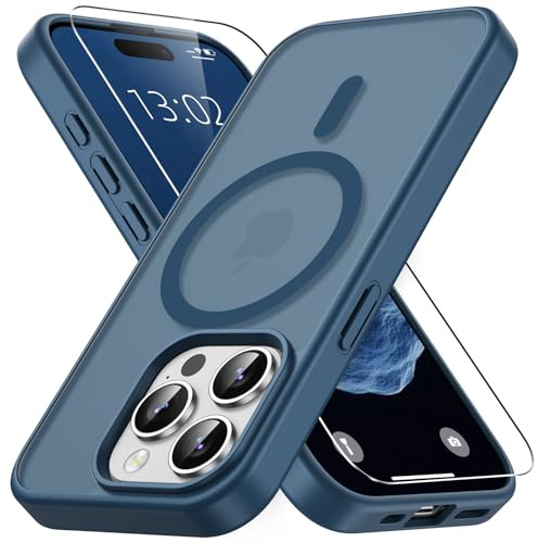 Vansdon Funda Magnética para iPhone 15 Pro MAX-Azul | 1 Cristal Templado, Compatible con Magsafe, Protección contra caídas de Grado Militar, Carcasa translúcida Mate Ultrafina