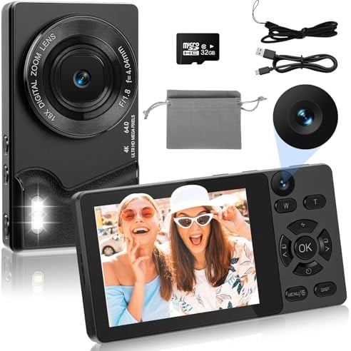 HERBYD Fotocamera Digitale 4K 64MP con Doppia Fotocamera Frontale e Posteriore, Fotocamera Compatta per Vlogging, Schermo LCD 2,8 Pollici, Zoom Digitale 18X, 32GB SD Card per Bambini (Nero)
