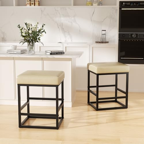 Barhocker 2er Set, Sitzhöhe 61 cm - Moderner Barhocker ohne Rückenlehne mit Fußstütze & Weichem PU-Lederbezug, Robuster Thekenhocker aus Metall für Kücheninsel, Bar & Wohnbereich (Beige, 2er)