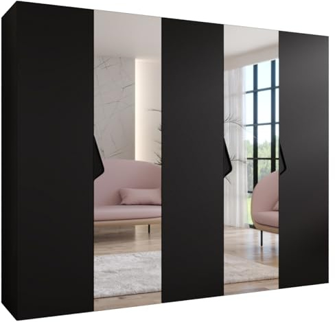 MEBLE KRYSPOL - Kleiderschrank - Garderobenschrank - 250 cm x 202 x 52 cm - Schrank mit Kleiderstange und Spiegel, 5 Türen - für Schlafzimmer, Flur - SANDI, Schwarz, Griff Schwarz