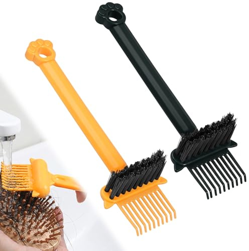 2Pcs 2-in-1 Hair Brush Cleaner Tool, Effective Hairbrush Cleaner, Small Portable Suitable, Removes Hair & Dust from Combs, Mini Cleaning Rake with Pick & Bristles for Home and Salon Use (Green/Yellow)