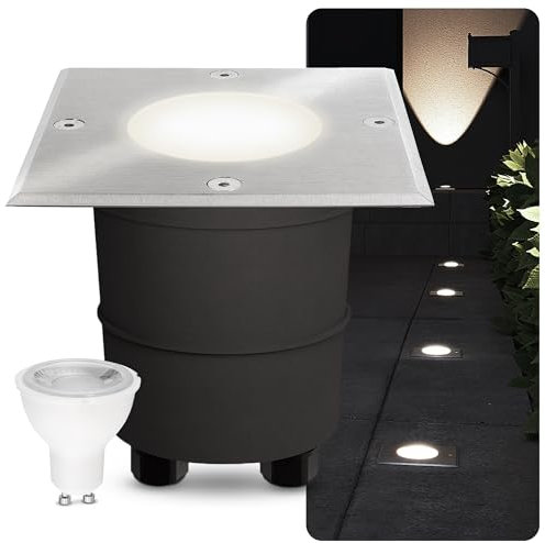 SSC-LUXon MADON LED Bodeneinbaustrahler für Aussen eckig IP67 - mit LED GU10 3W neutralweiß - Bodenstrahler 230V befahrbar & betretbar