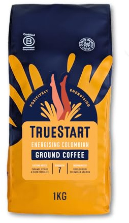 TrueStart Ground Coffee, Smooth Energising Colombian, 1kg, 1 Pack | 100% Arabica, Medium Roast, Specialty Grade - Mycotoxin-Free & Antioxidant Rich Coffee Grounds for Cafetiere, Aeropress