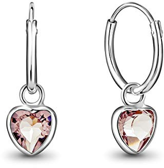 DTPsilver® KLEINE Creolen Ohrringe 925 Sterling Silber mit Kristall Herz - Mädchen - Dicke 1.5 mm - Durchmesser 14 mm - Farbe : leichter Amethyst
