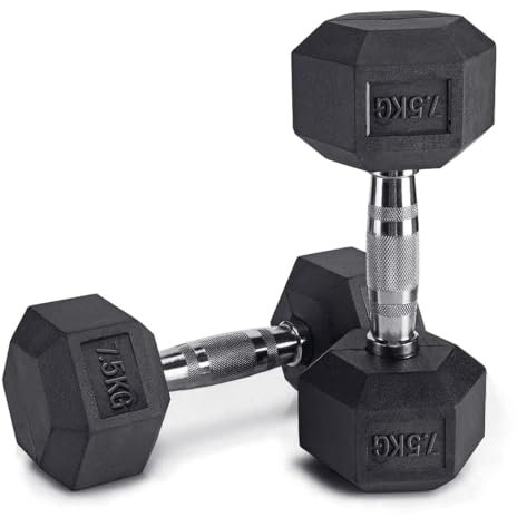 Lions Hex Dumbbell Weights Set - Rubber Encased Cast Iron Dumbbells Weight Pair with Metal Handle, Full Body Workout Strength Training Home Gym, 2 x 7.5 (15kg Set) Black
