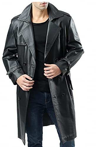 HiFacon - Cappotto lungo da uomo, in pelle, stile classico, lungo, Black Leather Trench Coat, L