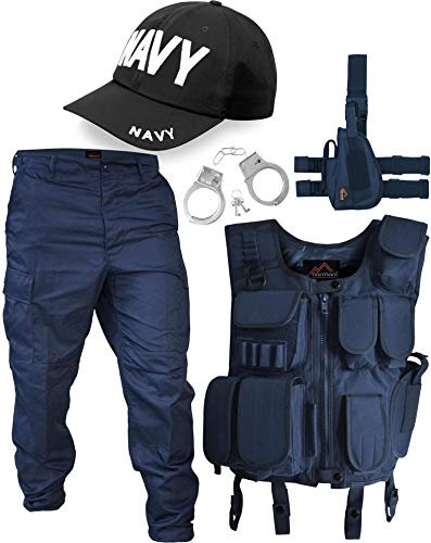 normani SWAT Kostüm Navy bestehend aus Weste, Hose, Pistolenholster, Cap und Handschellen Größe L