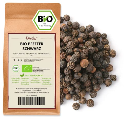 Kamelur 1kg BIO Schwarzer Pfeffer Ganz - Aromatische Bio Pfefferkörner für die Mühle