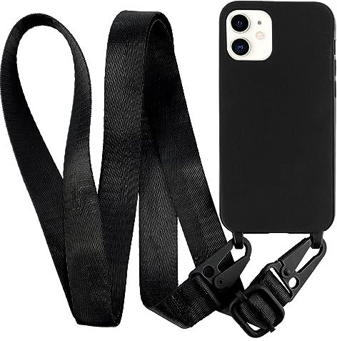 MyGadget Handykette für iPhone 12 | 12 Pro - TPU Hülle mit Band - Handyhülle mit Handyband zum Umhängen Kordel Schnur Case Schutzhülle - Schwarz