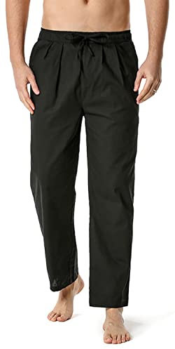 CheChury Pantalon de Sport Homme en Mélange Coton Lin Été Pantalon Jogging avec Poches Grandes Tailles Pantalon de Survêtement Respirant Pantalon Décontracté Sportwear Casual Pants,Noir,M