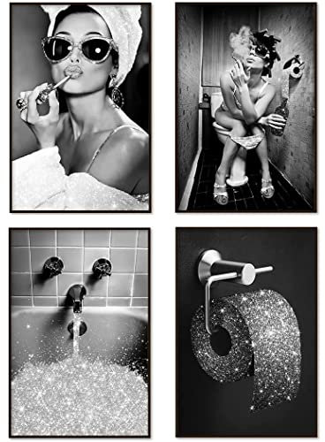ENROR Badezimmer Bilder Set,4 Teilig Schwarz-weiß Leinwand Bild Moderne Mode Frauen, Lustige Badezimmer-Wandkunst Poster (50X70CMX4 Ohne Rahmen)