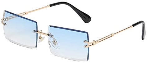 YUELUQU Retro Rimless Rectangle Sunglasses for Women Men Transparent Glasses Y2K Vintage Eyewear (Gold blue)