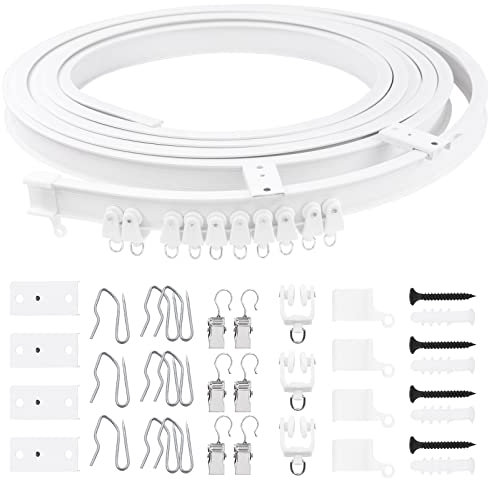 Glarks Lot de 155 rails de rideaux de plafond incurvés et pliables de 5 m, comprenant 40 crochets de rideau de 3,5 cm, 40 clips de rideau pour rideaux de douche en forme de U en forme de L, baie