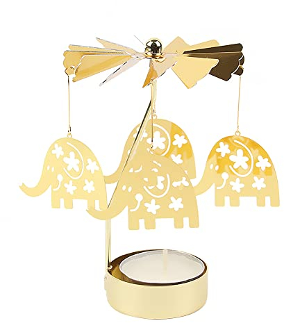 URFEDA Elefant Teelicht Karussell Glas Teelichthalter Gold Teelichtglas Rotierender Kerzenhalter Eisen Metall Kerzenständer für Valentinstag Deko Geschenk Hochzeit Dekoration Wohnzimmer Tischdeko