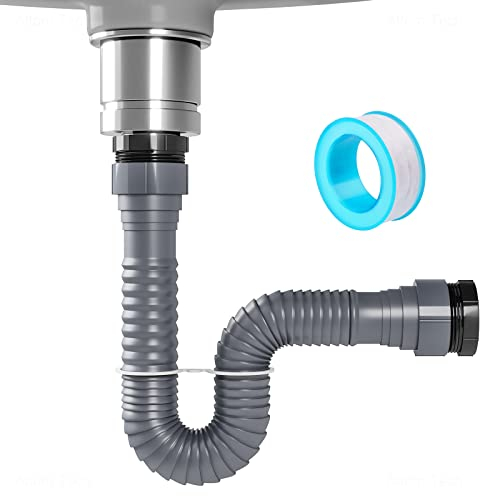 NiHome Flexibler Siphon für Waschbecken, ausziehbar 1 1/2 oder 1 1/4, inkl. Adapter, Dichtungsring und Dichtband, Abflussrohr-Set für Küchenspüle und Müllentsorgung, wasserdicht und langlebig (Grau)