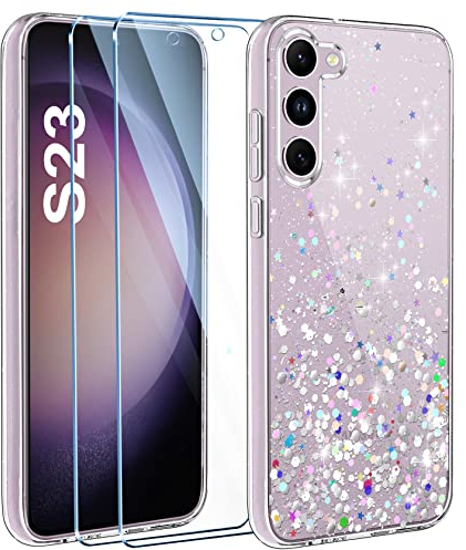 ivencase Glitzer Handyhülle Kompatibel mit Samsung Galaxy S23 Hülle, Klar Silikon Case+2 Stück Schutzfolie, Transparent Pailletten Kratzfest Hülle Weich TPU Stoßfeste Schutzhülle Samsung S23 5G
