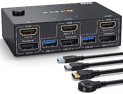 ESKEVE DisplayPort HDMI KVM Switch 2 PC 2 Monitore 4K@60Hz 2K@144Hz,Dual Monitore KVM Switch mit DP+HDMI+USB Kabel und kabelgebundener Fernbedienung
