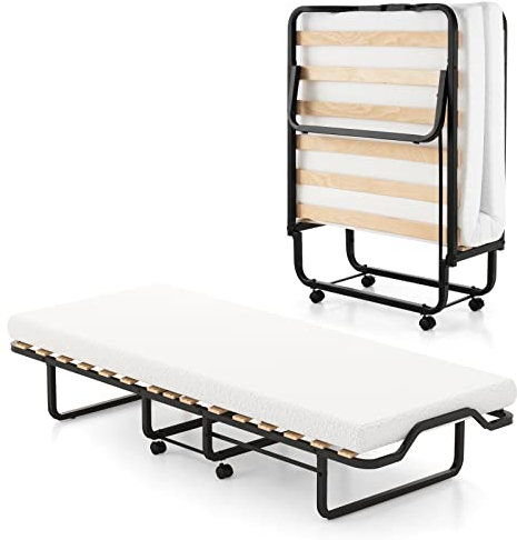 GOPLUS Gästebett 80×200cm, Klappbett mit Metallgestell & Memoryschaum-Matratze, Einzelbett klappbar mit 4 Universalrädern für Gästezimmer & Büro
